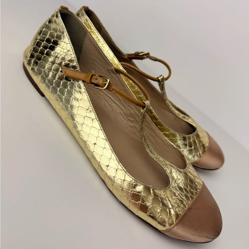 J.Crew Metallic Gold Snakeskin‎ Leather Flats Tan Cap Toe T Strap Sz 7